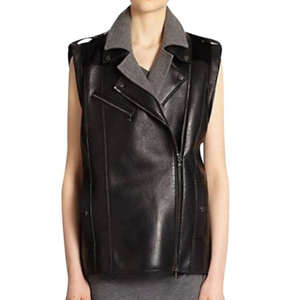 🧵Veronica Beard 100% Genuine Leather & Calf Hair Moto Biker Vest Black